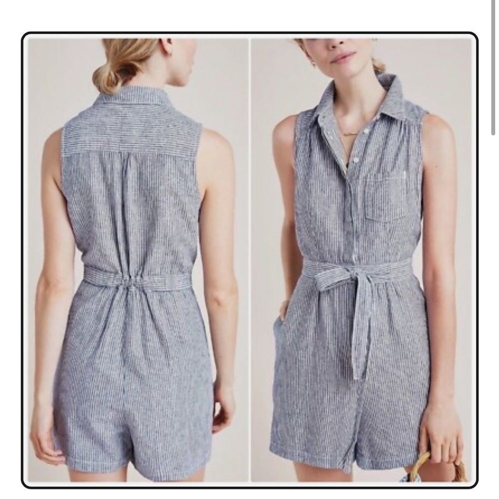 Anthropologie Sleeveless Blue Linen Blend Railroad Stripe Collared Romper Sz 4